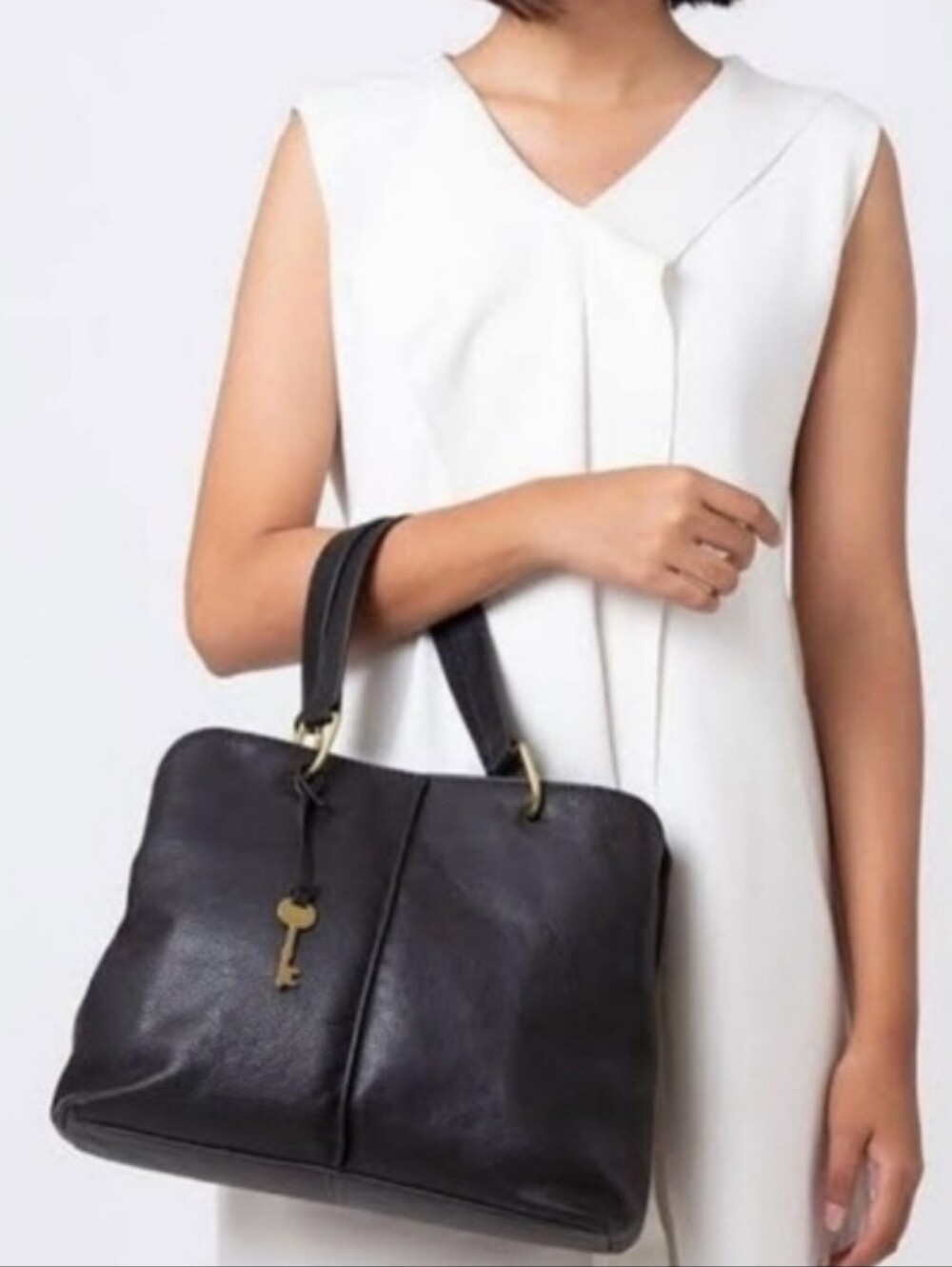 Fossil Lane Satchel Bag Black Leather With Shoulder Strap